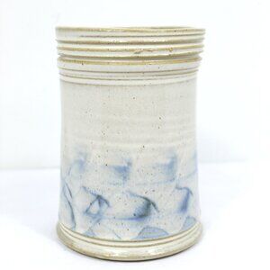 Art Pottery Beige Ribbed Rim Vase Blue Abstract Design Signed Doan